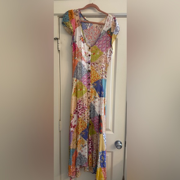 Free People Dixie Vintage Patchwork Buttonfront Colorful Maxi Dress - Picture 3 of 3